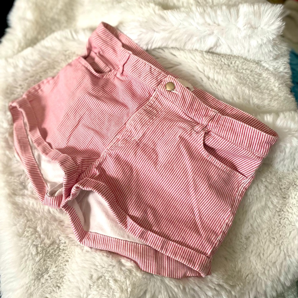 Sz 10 H&M Red & White Pin Striped Jean Cuffed Shorts Womens/ Juniors